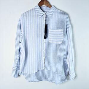 Nicole Miller Womens Blue White Mixed Striped Button Up Blouse Size Large NEW